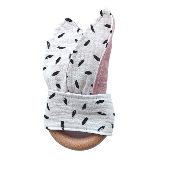 Wooden Teething Ring - White with black Flecks + Dusty Pink Back